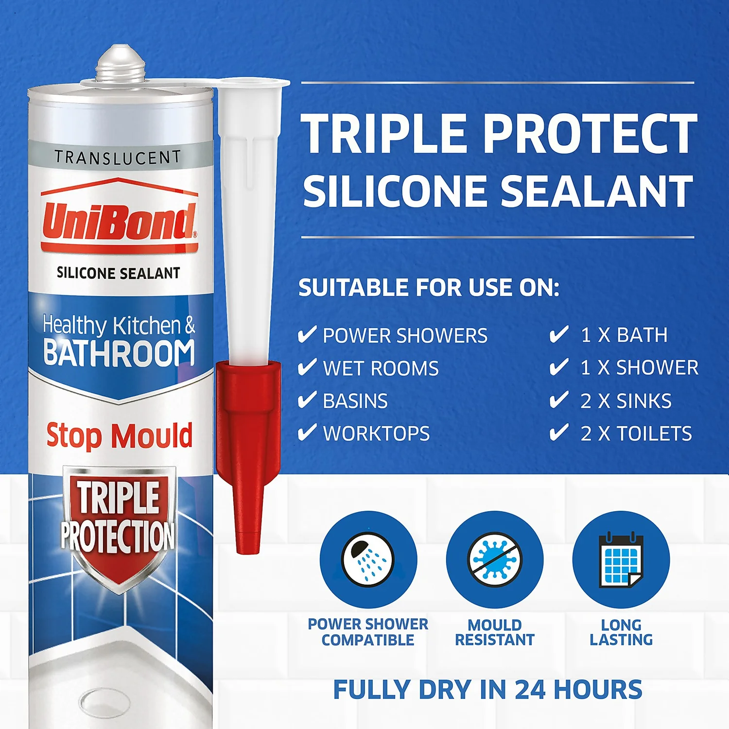 UniBond Triple Protect Kitchen And Bathroom Sealant Translucent Cartridge - 291g 2 UniBond Triple Protect Kitchen And Bathroom Sealant Translucent Cartridge - 291g - Image 2
