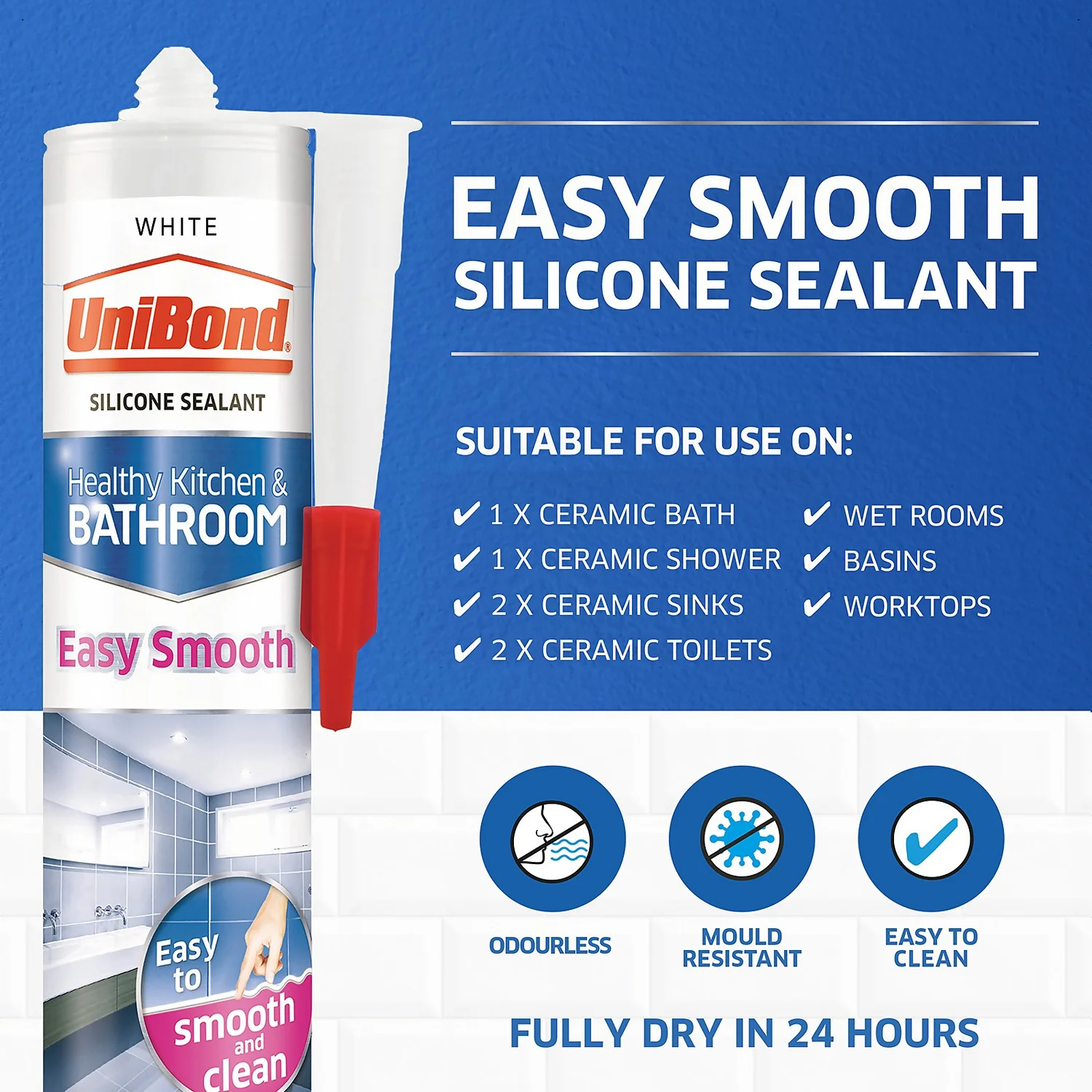 UniBond Easy Smooth Kitchen And Bathroom Sealant - White Cartridge 371g 2 UniBond Easy Smooth Kitchen And Bathroom Sealant - White Cartridge 371g - Image 2
