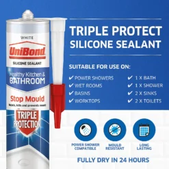 UniBond Triple Protect Kitchen And Bathroom Sealant - White Cartridge 291g -Haris Home Shop 12838436 6735033055620805