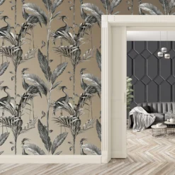 Belgravia Décor Azzurra Metallic Leaf Gold Wallpaper -Haris Home Shop 13909593 7404981678251039