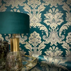 Belgravia Décor Amara Damask Textured Green Wallpaper -Haris Home Shop 13909692 1504981669947537