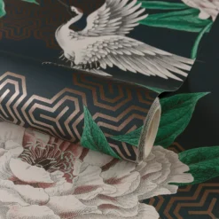 Grandeco Flying Cranes Navy Metallic Wallpaper -Haris Home Shop 13980232 1384998777204024