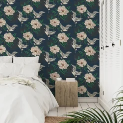 Grandeco Flying Cranes Navy Metallic Wallpaper -Haris Home Shop 13980232 1554998777288927