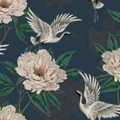 Grandeco Flying Cranes Navy Metallic Wallpaper