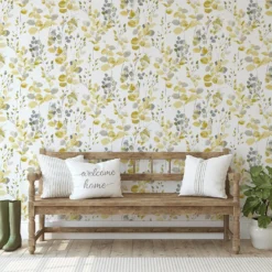 Fresco Watercolour Leaves Ochre Wallpaper -Haris Home Shop 13991874 8275003725082943